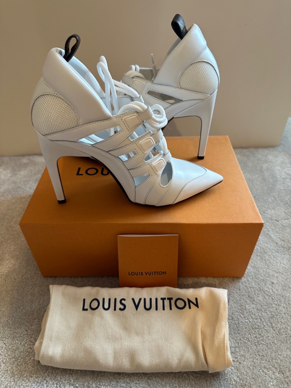 Louis Vuitton White Leather Cutout Lace-Up Stiletto Heels